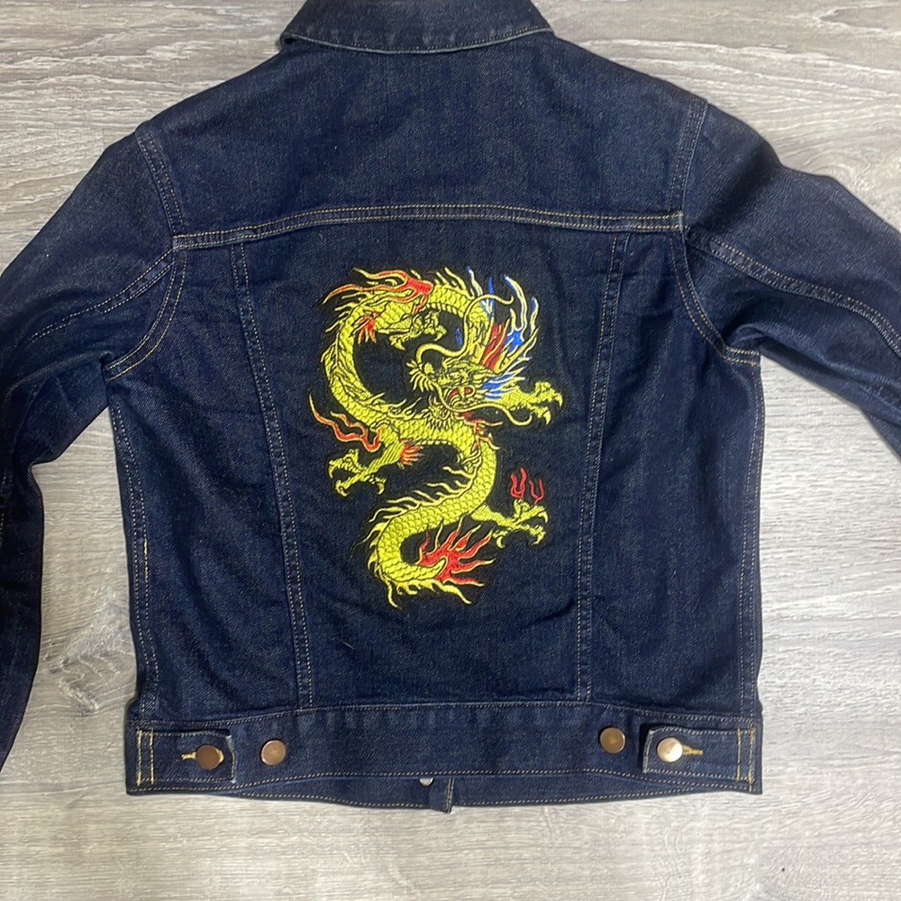 Muji Dark Wash Denim Jean Crop Jacket Small with Dragon Patch on Back